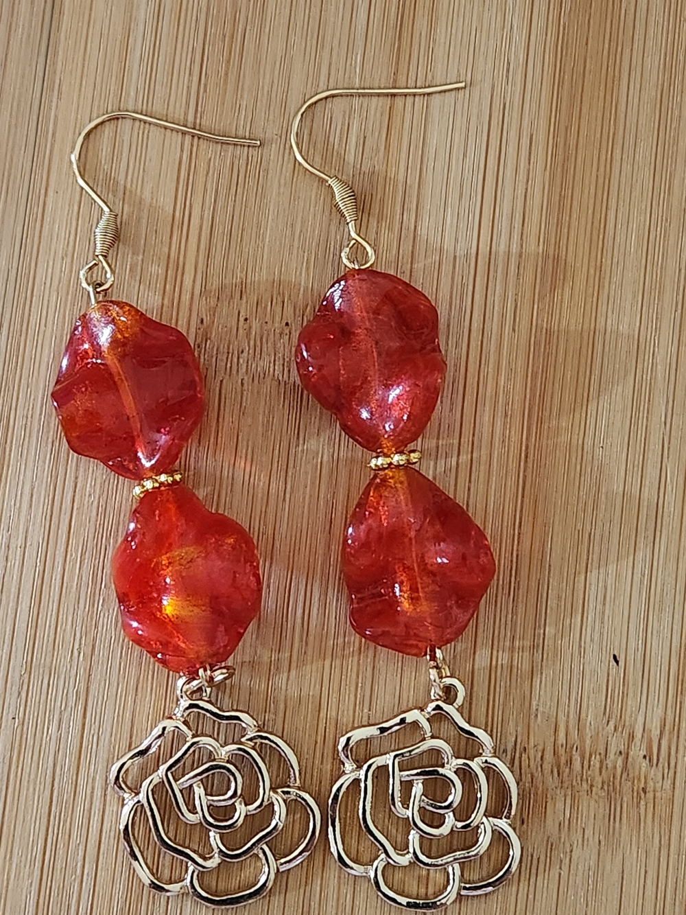 Hand Crafted Red Glass Bead & Gold Rose Dangle Earrings